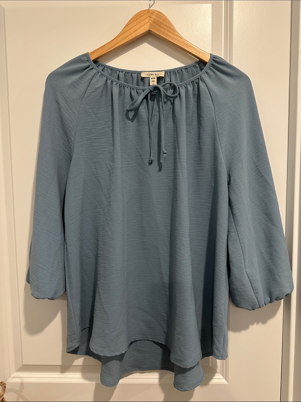 Dusty Blue Tie-Neck Peasant Blouse